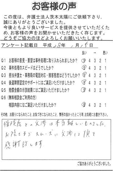 保険会社との交渉は本当に難しいものでした。お陰さまでスムーズに交渉して頂き、感謝致します。