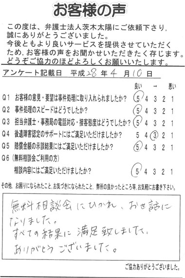 無料相談会にひかれ、お世話になりました。すべての結果に、満足致しました。ありがとうございました。