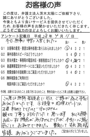 この度は無料相談会に行き、ご縁があって本当にありがたかったです。示談金や処理スピードは、正直初めてでしたので分かりません。親切、丁寧な対応だったと思います。私は直接お会いする機会がありませんでしたが、本当に心強く安心しておまかせできました。書面にて失礼致します。皆様、ありがとうございました。