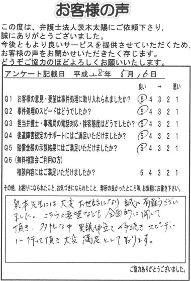 泉本先生には大変お世話になり誠に有難うございました。こちらの要望なども全面的に聞いて頂き、多忙な中、異議申立ての手続きスピーディーに行って頂き大変満足としております。