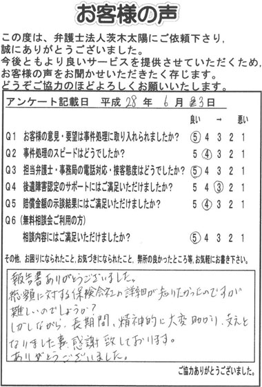 報告書ありがとうございました。総額に対する保険会社の詳細が知りたかったのですが、難しいのでしょうか。しかしながら、長期間、精神的に対異変助かり、支えとなりました事、感謝致しております。ありがとうございました。