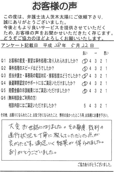 大変お世話になりました。その都度、裁判の進行状況を丁寧に教えていただいた点が良かったです。満足いく結果が得られました。ありがとうございました。