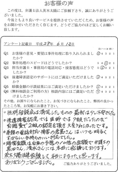 無料相談会は満足したものの最初は少し不安でした。後遺障害認定では医師では９級だったのが自賠責で２級の認定を頂き大変うれしかったです。事務の電話対応接客の倉島さんはいつも明るくすばらしい気持ちのいい対応でした。賠償金額は自身の予想の１０倍の金額で弁護士の黒田さん、清水さんには本当に感謝しております。茨木太陽法律依頼して本当によかったと思います。ありがとうございました。