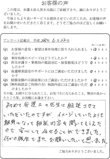 初めて弁護士の先生に相談させていただいたのですが、イメージしていたよりも親身になって相談内容を聞いてもらえたので安心して任せることができました。何かの機会でまたお願いしたいと思いました。