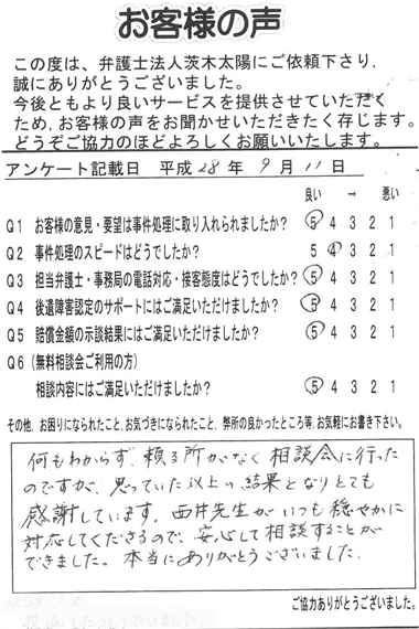 何もわからず、頼る所がなく、相談会に行ったのですが、思っていた以上の結果となりとても感謝しています。西井先生がいつも穏やかに対応してくださるので、安心して相談することができました。本当にありがとうございました。