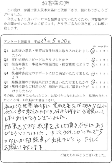 私のような世間知らずに、黒田先生をはじめみなさんにやさしく色々教えていただき、何から何までお願いしてしまいありがとうございました。結果も大きな成果を出して頂き本当にありがとうございました。すごくうれしかったです。又なにか相談事が出来ましたらよろしくお願い致します。